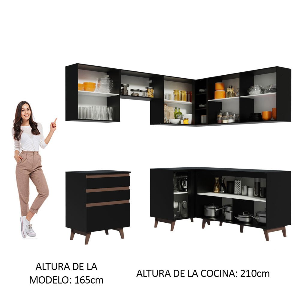 Cocina Integral Esquinero Modular Reims Negro 392x210cm con Mesón de Madera Aglomerada Mdp sin Estufa con Tres Cajones y con Diecisiete Entrepaños - COCINAS | Bylmo
