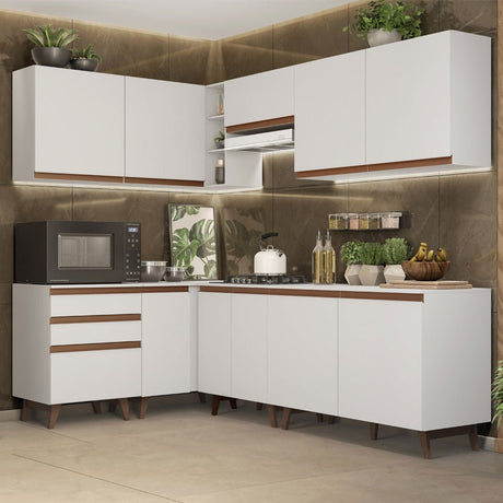Cocina Integral Esquinero Modular Reims Blanco 392x210cm con Mesón de Madera Aglomerada Mdp sin Estufa con Tres Cajones y con Diecinueve Entrepaños - COCINAS | Bylmo