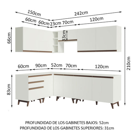 Cocina Integral Esquinero Modular Reims Blanco 392x210cm con Mesón de Madera Aglomerada Mdp sin Estufa con Tres Cajones y con Diecinueve Entrepaños - COCINAS | Bylmo