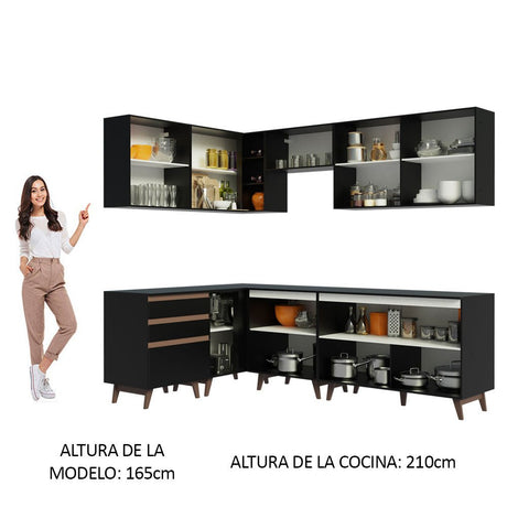 Cocina Integral Esquinero Modular Reims Negro 392x210cm con Mesón de Madera Aglomerada Mdp sin Estufa con Tres Cajones y con Diecinueve Entrepaños - COCINAS | Bylmo
