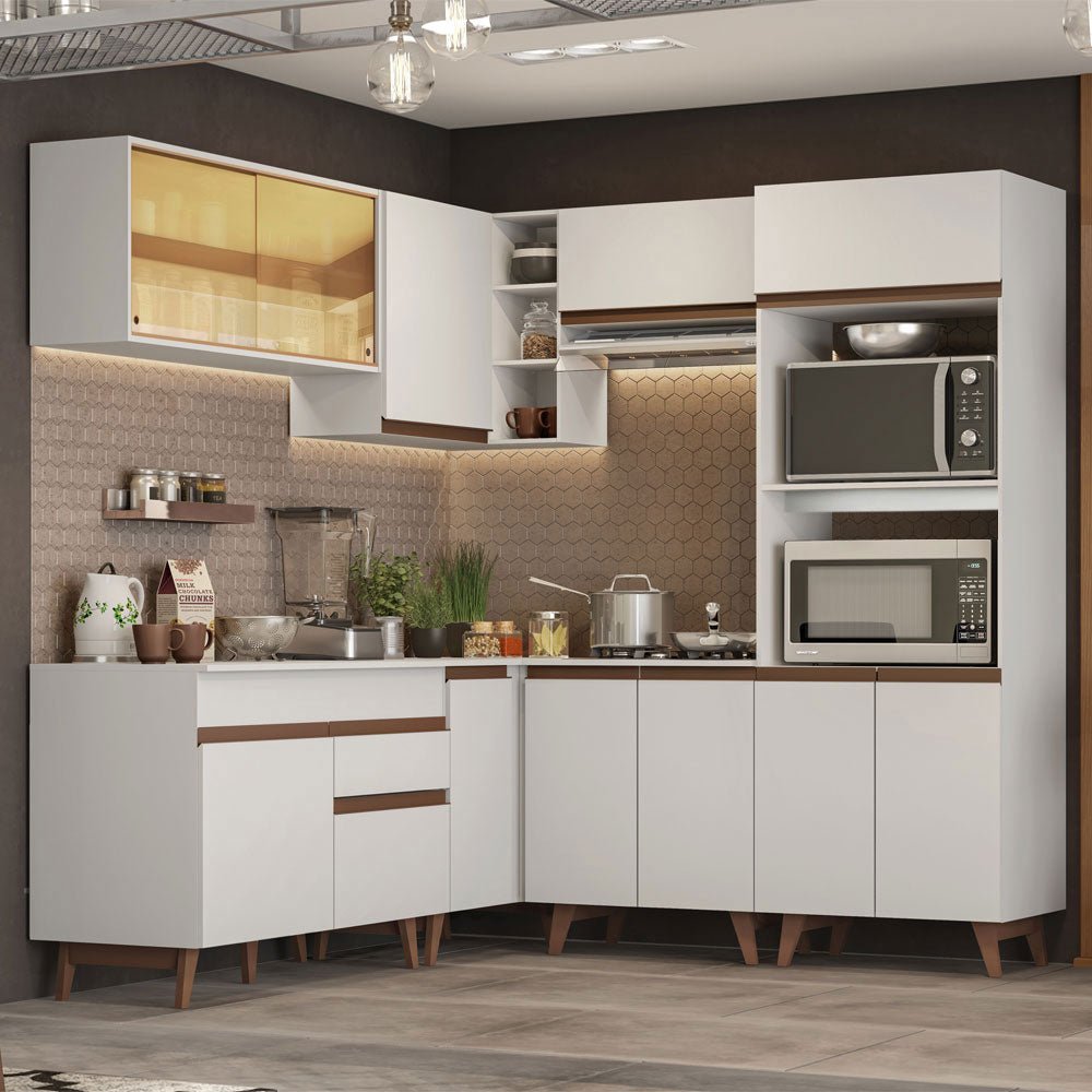 Cocina Integral Esquinero Modular Reims Blanco 402x210cm con Mesón de Madera Aglomerada Mdp sin Estufa con Un Cajón y con Veintiuno Entrepaños - COCINAS | Bylmo