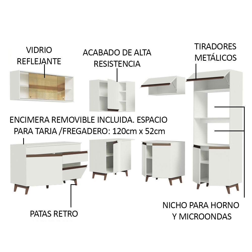 Cocina Integral Esquinero Modular Reims Blanco 402x210cm con Mesón de Madera Aglomerada Mdp sin Estufa con Un Cajón y con Veintiuno Entrepaños - COCINAS | Bylmo