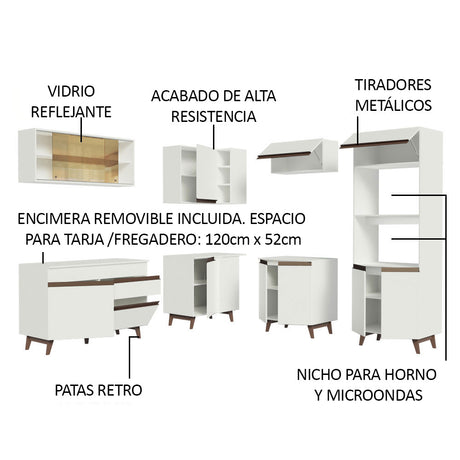 Cocina Integral Esquinero Modular Reims Blanco 402x210cm con Mesón de Madera Aglomerada Mdp sin Estufa con Un Cajón y con Veintiuno Entrepaños - COCINAS | Bylmo