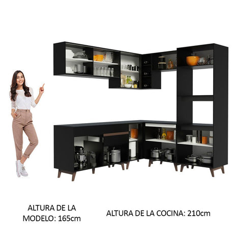 Cocina Integral Esquinero Modular Reims Negro 402x210cm con Mesón de Madera Aglomerada Mdp sin Estufa con Un Cajón y con Veintiuno Entrepaños - COCINAS | Bylmo