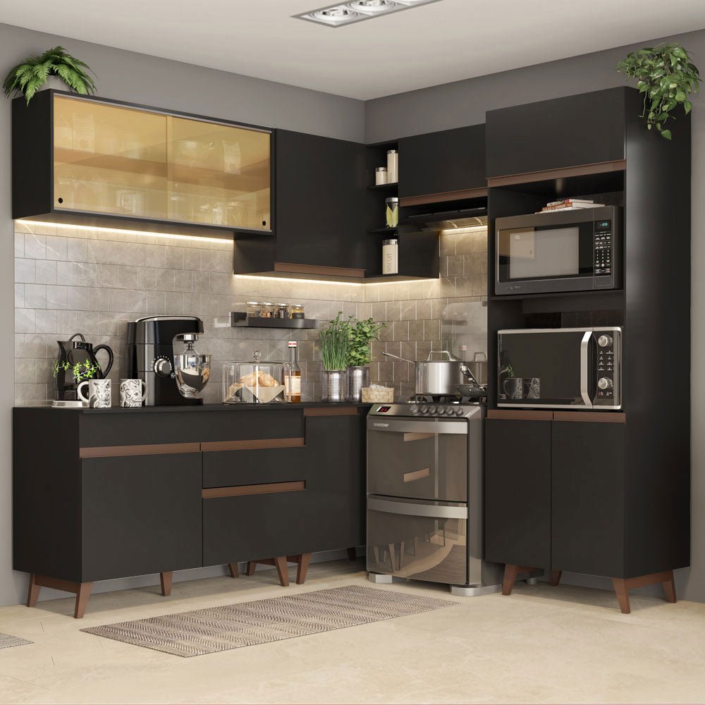 Cocina Integral Esquinero Modular Reims Negro 402x210cm con Mesón de Madera Aglomerada Mdp sin Estufa con Un Cajón y con Diecinueve Entrepaños - COCINAS | Bylmo