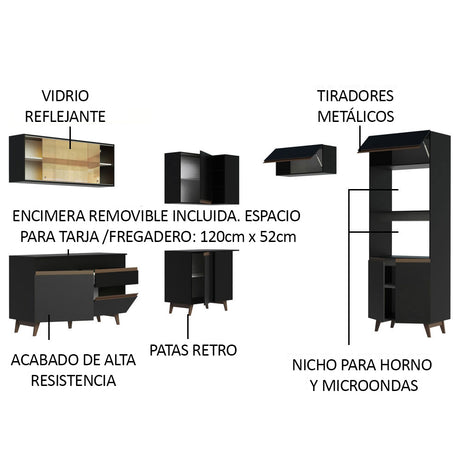 Cocina Integral Esquinero Modular Reims Negro 402x210cm con Mesón de Madera Aglomerada Mdp sin Estufa con Un Cajón y con Diecinueve Entrepaños - COCINAS | Bylmo