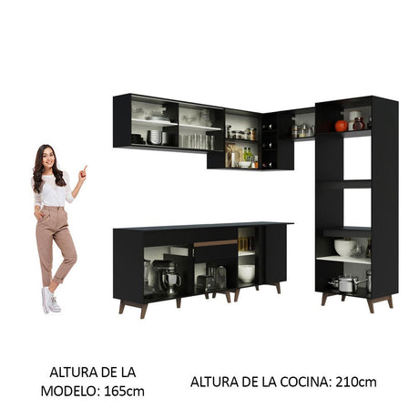 Cocina Integral Esquinero Modular Reims Negro 402x210cm con Mesón de Madera Aglomerada Mdp sin Estufa con Un Cajón y con Diecinueve Entrepaños - COCINAS | Bylmo
