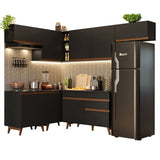 Cocina Integral Esquinero Modular Reims Negro 402x210cm con Mesón de Madera Aglomerada Mdp sin Estufa con Un Cajón y con Diecisiete Entrepaños - COCINAS | Bylmo