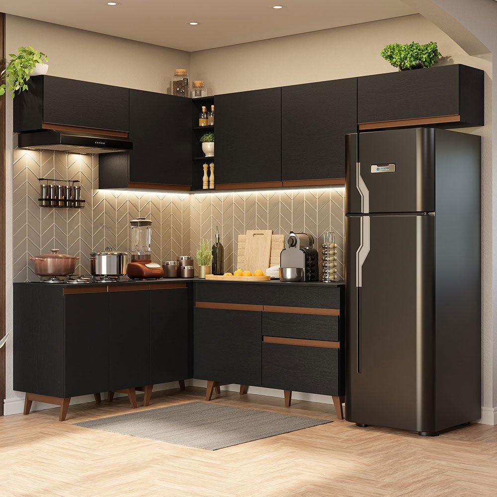 Cocina Integral Esquinero Modular Reims Negro 402x210cm con Mesón de Madera Aglomerada Mdp sin Estufa con Un Cajón y con Diecisiete Entrepaños - COCINAS | Bylmo