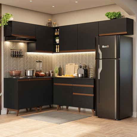 Cocina Integral Esquinero Modular Reims Negro 402x210cm con Mesón de Madera Aglomerada Mdp sin Estufa con Un Cajón y con Diecisiete Entrepaños - COCINAS | Bylmo