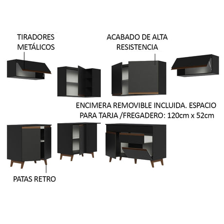 Cocina Integral Esquinero Modular Reims Negro 402x210cm con Mesón de Madera Aglomerada Mdp sin Estufa con Un Cajón y con Diecisiete Entrepaños - COCINAS | Bylmo