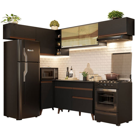 Cocina Integral Esquinero Modular Reims Negro 402x210cm con Mesón de Madera Aglomerada Mdp sin Estufa con Un Cajón y con Quince Entrepaños - COCINAS | Bylmo