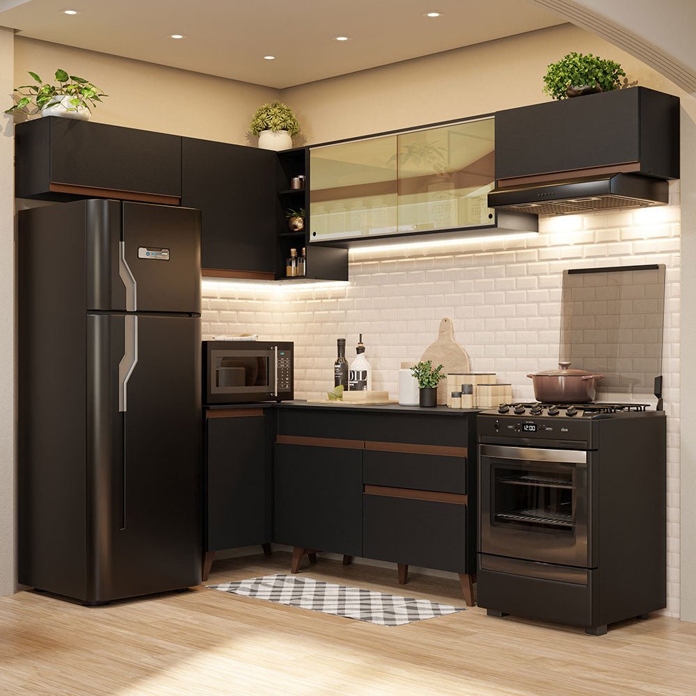 Cocina Integral Esquinero Modular Reims Negro 402x210cm con Mesón de Madera Aglomerada Mdp sin Estufa con Un Cajón y con Quince Entrepaños - COCINAS | Bylmo