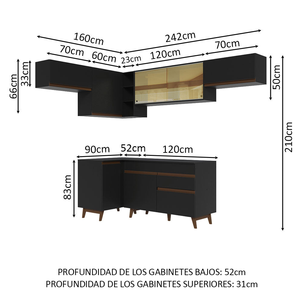 Cocina Integral Esquinero Modular Reims Negro 402x210cm con Mesón de Madera Aglomerada Mdp sin Estufa con Un Cajón y con Quince Entrepaños - COCINAS | Bylmo