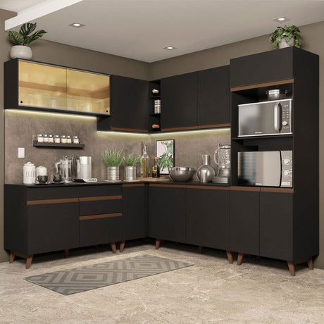 Cocina Integral Esquinero Modular Reims Negro 452x210cm con Mesón de Madera Aglomerada Mdp sin Estufa con Un Cajón y con Veinticinco Entrepaños - COCINAS | Bylmo