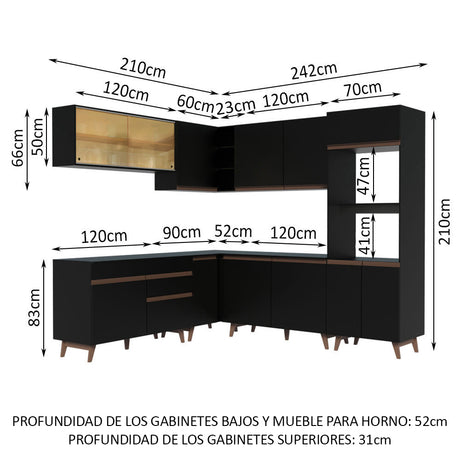 Cocina Integral Esquinero Modular Reims Negro 452x210cm con Mesón de Madera Aglomerada Mdp sin Estufa con Un Cajón y con Veinticinco Entrepaños - COCINAS | Bylmo