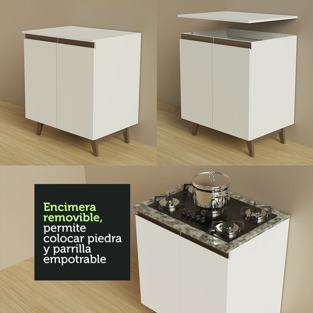 Cocina Integral Esquinero Modular Reims Blanco 462x210cm con Mesón de Madera Aglomerada Mdp sin Estufa con Tres Cajones y con Veinticuatro Entrepaños - COCINAS | Bylmo