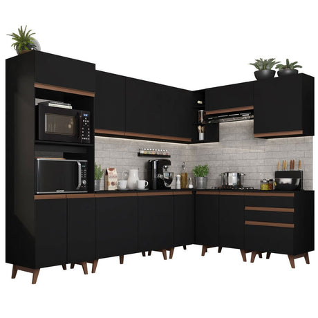 Cocina Integral Esquinero Modular Reims Negro 462x210cm con Mesón de Madera Aglomerada Mdp sin Estufa con Tres Cajones y con Veinticuatro Entrepaños - COCINAS | Bylmo