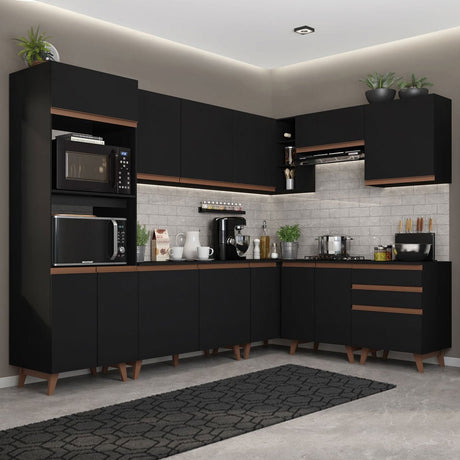Cocina Integral Esquinero Modular Reims Negro 462x210cm con Mesón de Madera Aglomerada Mdp sin Estufa con Tres Cajones y con Veinticuatro Entrepaños - COCINAS | Bylmo