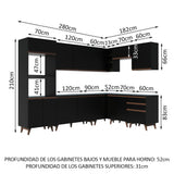Cocina Integral Esquinero Modular Reims Negro 462x210cm con Mesón de Madera Aglomerada Mdp sin Estufa con Tres Cajones y con Veinticuatro Entrepaños - COCINAS | Bylmo