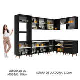 Cocina Integral Esquinero Modular Reims Negro 462x210cm con Mesón de Madera Aglomerada Mdp sin Estufa con Tres Cajones y con Veinticuatro Entrepaños - COCINAS | Bylmo