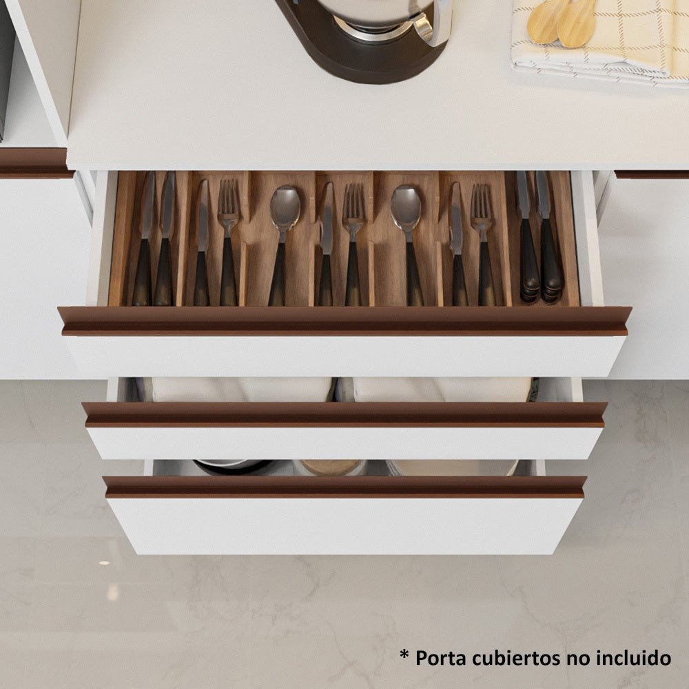 Cocina Integral Esquinero Modular Reims Blanco 462x210cm con Mesón de Madera Aglomerada Mdp sin Estufa con Tres Cajones y con Veintidós Entrepaños - COCINAS | Bylmo