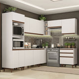 Cocina Integral Esquinero Modular Reims Blanco 462x210cm con Mesón de Madera Aglomerada Mdp sin Estufa con Tres Cajones y con Veintidós Entrepaños - COCINAS | Bylmo