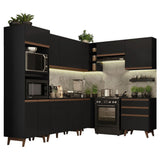 Cocina Integral Esquinero Modular Reims Negro 462x210cm con Mesón de Madera Aglomerada Mdp sin Estufa con Tres Cajones y con Veintidós Entrepaños - COCINAS | Bylmo