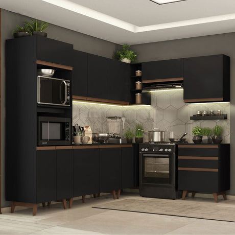 Cocina Integral Esquinero Modular Reims Negro 462x210cm con Mesón de Madera Aglomerada Mdp sin Estufa con Tres Cajones y con Veintidós Entrepaños - COCINAS | Bylmo