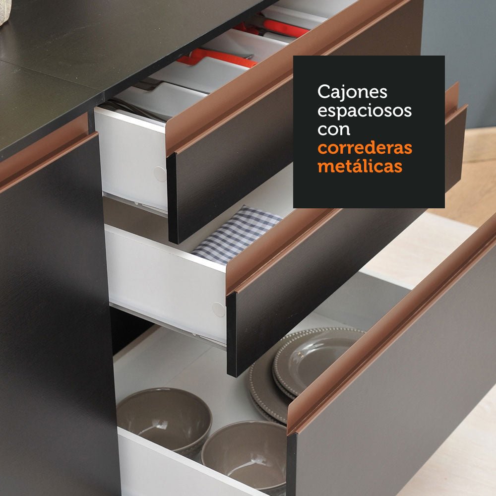 Cocina Integral Esquinero Modular Reims Negro 462x210cm con Mesón de Madera Aglomerada Mdp sin Estufa con Tres Cajones y con Veintidós Entrepaños - COCINAS | Bylmo