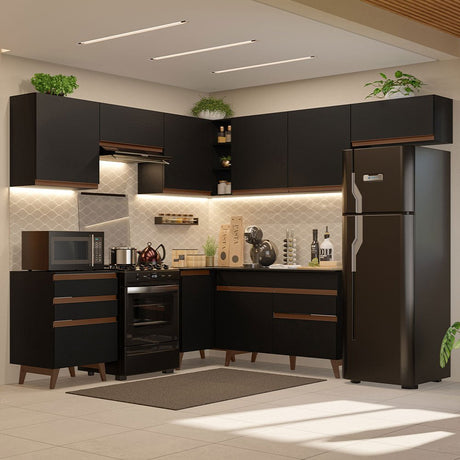 Cocina Integral Esquinero Modular Reims Negro 462x210cm con Mesón de Madera Aglomerada Mdp sin Estufa con Cuatro Cajones y con Diecisiete Entrepaños - COCINAS | Bylmo