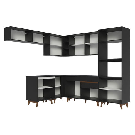 Cocina Integral Esquinero Modular Reims Negro 472x210cm con Mesón de Madera Aglomerada Mdp sin Estufa con Un Cajón y con Veintidós Entrepaños - COCINAS | Bylmo