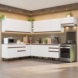 Cocina Integral Esquinero Modular Reims Blanco 512x210cm con Mesón de Madera Aglomerada Mdp sin Estufa con Cuatro Cajones y con Veintitrés Entrepaños - COCINAS | Bylmo
