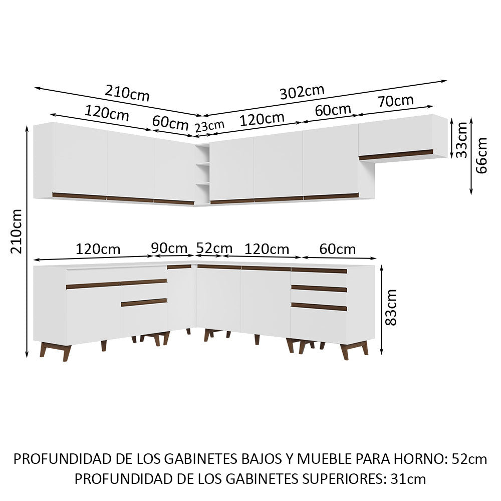 Cocina Integral Esquinero Modular Reims Blanco 512x210cm con Mesón de Madera Aglomerada Mdp sin Estufa con Cuatro Cajones y con Veintitrés Entrepaños - COCINAS | Bylmo