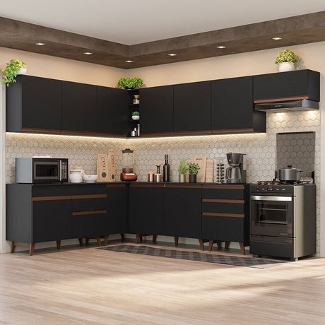 Cocina Integral Esquinero Modular Reims Negro 512x210cm con Mesón de Madera Aglomerada Mdp sin Estufa con Cuatro Cajones y con Veintitrés Entrepaños - COCINAS | Bylmo