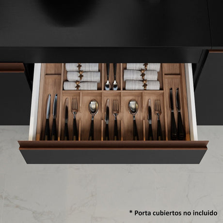 Cocina Integral Esquinero Modular Reims Negro 512x210cm con Mesón de Madera Aglomerada Mdp sin Estufa con Cuatro Cajones y con Veintitrés Entrepaños - COCINAS | Bylmo