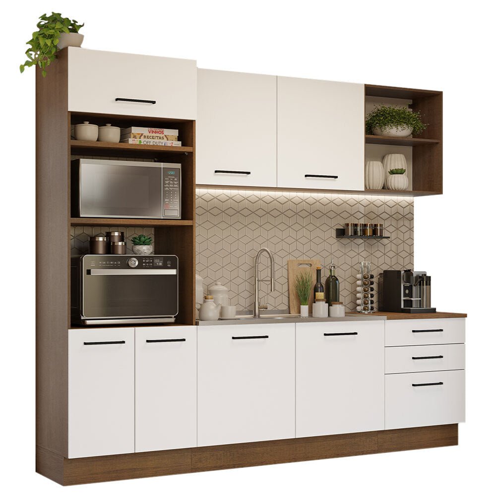 Cocina Integral Modular Agata Marron y Blanco 250x225cm sin Mesón sin Estufa con Tres Cajones y con Quince Entrepaños - COCINAS | Bylmo