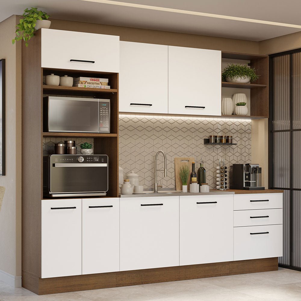 Cocina Integral Modular Agata Marron y Blanco 250x225cm sin Mesón sin Estufa con Tres Cajones y con Quince Entrepaños - COCINAS | Bylmo
