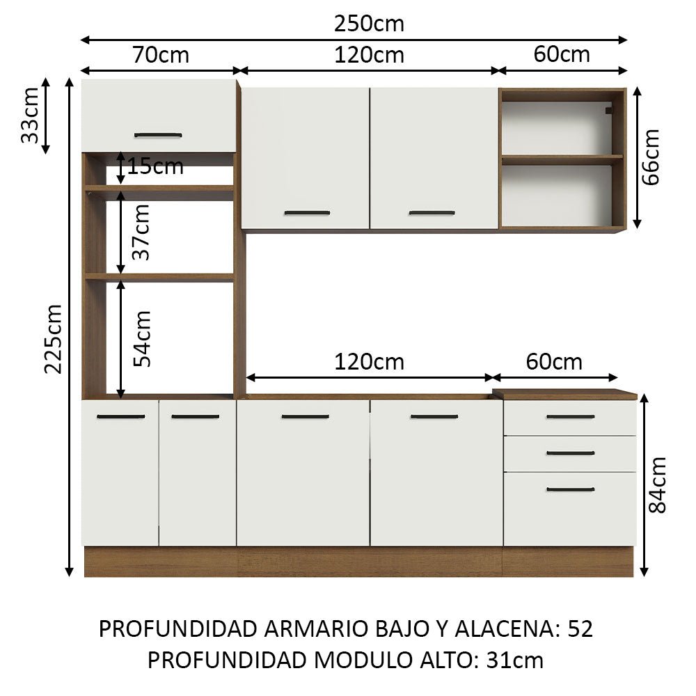Cocina Integral Modular Agata Marron y Blanco 250x225cm sin Mesón sin Estufa con Tres Cajones y con Quince Entrepaños - COCINAS | Bylmo