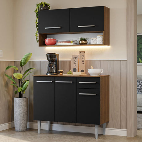 Cocina Integral Modular Emilly Marron y Negro 105x186cm con Mesón de Madera Aglomerada Mdp sin Estufa con Un Cajón y con Cinco Entrepaños - COCINAS | Bylmo