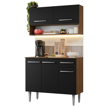 Cocina Integral Modular Emilly Marron y Negro 105x186cm con Mesón de Madera Aglomerada Mdp sin Estufa con Un Cajón y con Cinco Entrepaños - COCINAS | Bylmo