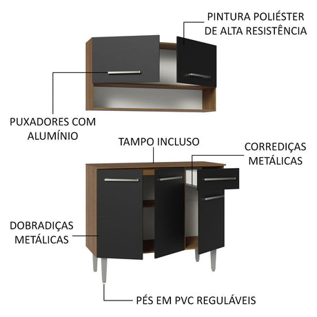 Cocina Integral Modular Emilly Marron y Negro 105x186cm con Mesón de Madera Aglomerada Mdp sin Estufa con Un Cajón y con Cinco Entrepaños - COCINAS | Bylmo