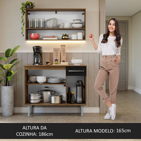 Cocina Integral Modular Emilly Marron y Negro 105x186cm con Mesón de Madera Aglomerada Mdp sin Estufa con Un Cajón y con Cinco Entrepaños - COCINAS | Bylmo