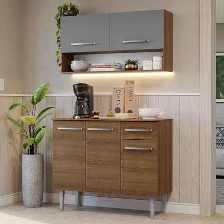 Cocina Integral Modular Emilly Marron y Gris 105x186cm con Mesón de Madera Aglomerada Mdp sin Estufa con Un Cajón y con Cinco Entrepaños - COCINAS | Bylmo