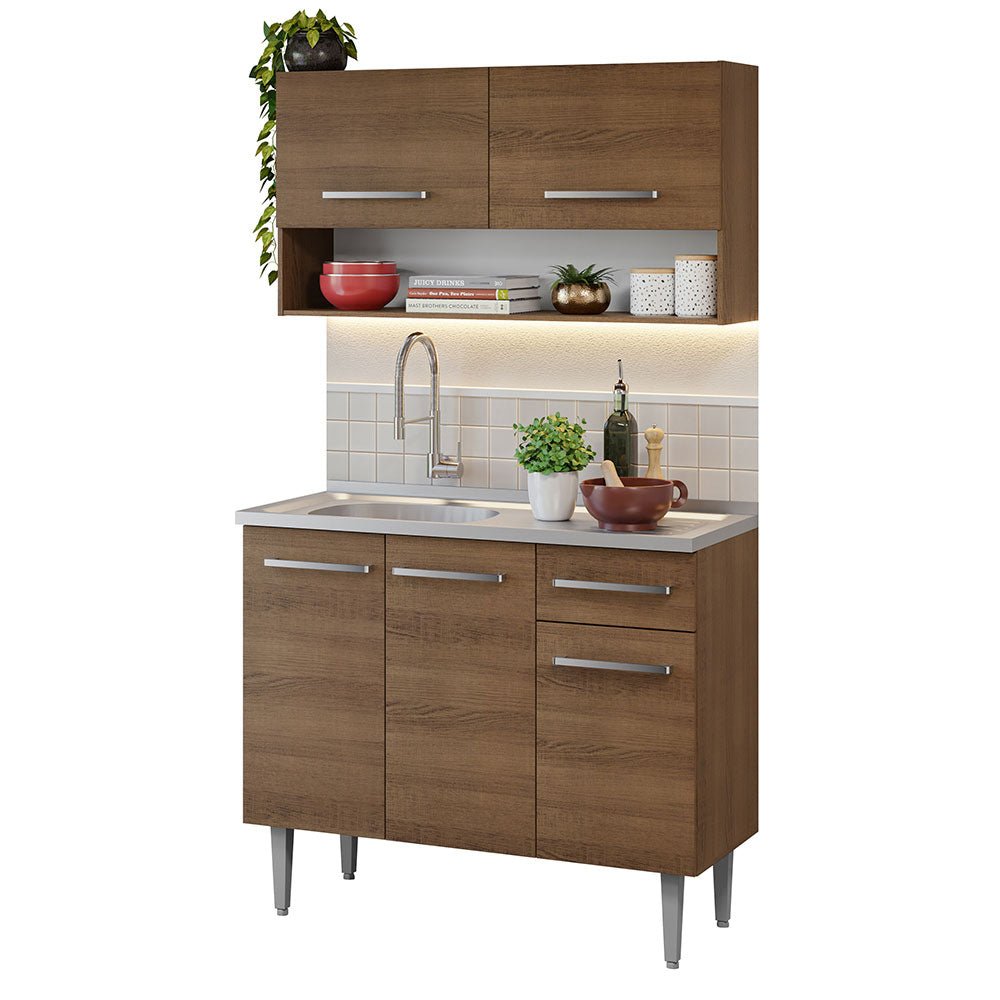 Cocina Integral Modular Emilly Marron 105x186cm con Mesón de Acero Inoxidable sin Estufa con Un Cajón y con Cinco Entrepaños - COCINAS | Bylmo