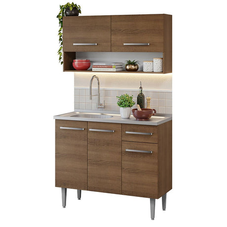 Cocina Integral Modular Emilly Marron 105x186cm con Mesón de Acero Inoxidable sin Estufa con Un Cajón y con Cinco Entrepaños - COCINAS | Bylmo