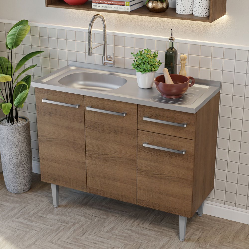 Cocina Integral Modular Emilly Marron 105x186cm con Mesón de Acero Inoxidable sin Estufa con Un Cajón y con Cinco Entrepaños - COCINAS | Bylmo