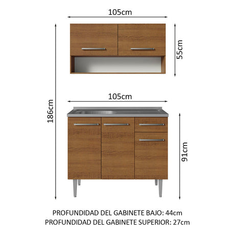 Cocina Integral Modular Emilly Marron 105x186cm con Mesón de Acero Inoxidable sin Estufa con Un Cajón y con Cinco Entrepaños - COCINAS | Bylmo