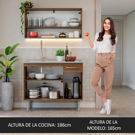 Cocina Integral Modular Emilly Marron 105x186cm con Mesón de Acero Inoxidable sin Estufa con Un Cajón y con Cinco Entrepaños - COCINAS | Bylmo