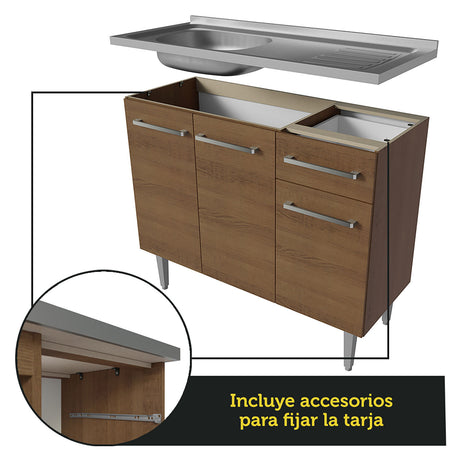 Cocina Integral Modular Emilly Marron 105x186cm con Mesón de Acero Inoxidable sin Estufa con Un Cajón y con Cinco Entrepaños - COCINAS | Bylmo